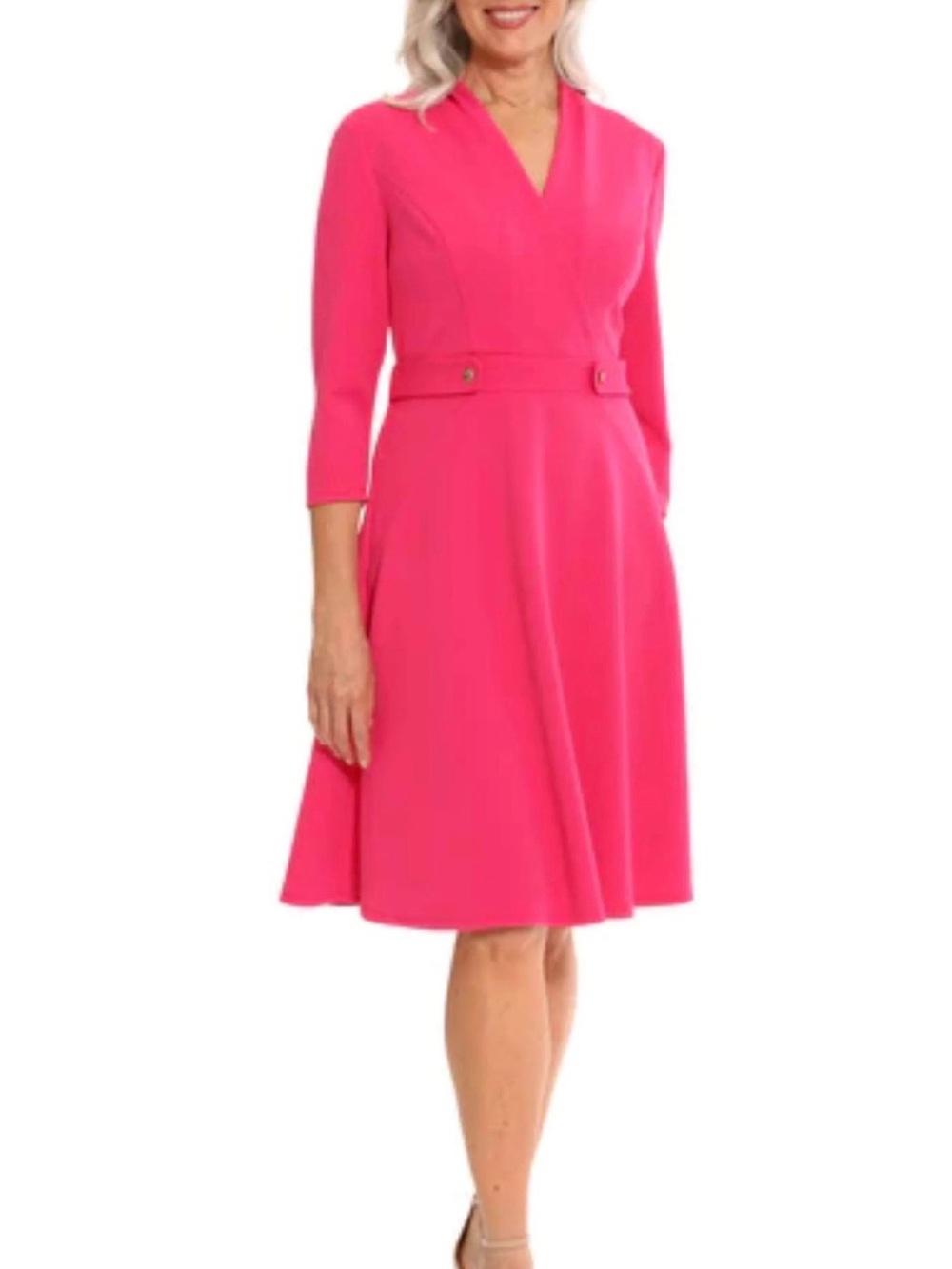 London Times Hot Pink Faux-Wrap A-Line Long Sleeve Dress